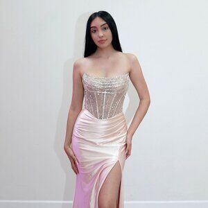 New Strapless Graduation Gown w/ Rhinestones Embroidery & Scoop Neck JT2729H